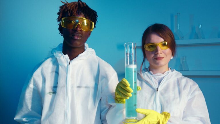 Two scientists holding a graduated cylinder while looking at the camera.
