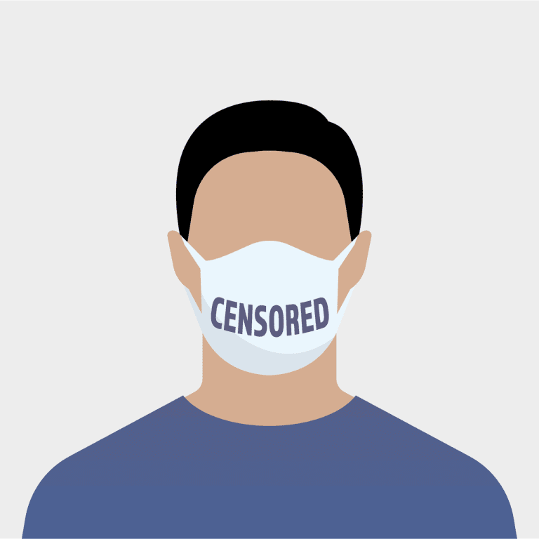 A man wears a face mask with the word “Censored” written across it, highlighting the high level of politicization associated with mask wearing and other COVID policies.