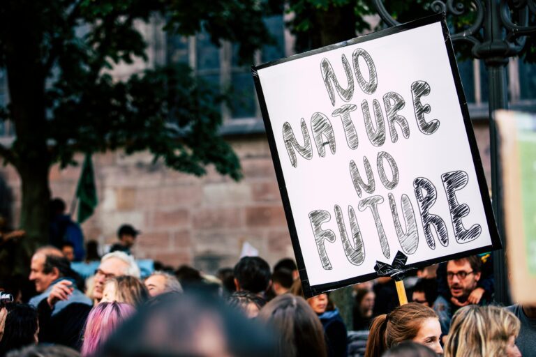 A protestor highlights the dire consequences of climate change with a sign containing the hand-written message “No Nature, No Future.”