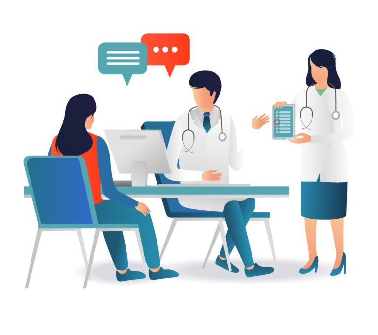 A ClipArt image in which a patient is seated before two clinicians, one of which is holding up a chart. There are text bubbles above the patient and one of the clinicians, representing a conversation.
