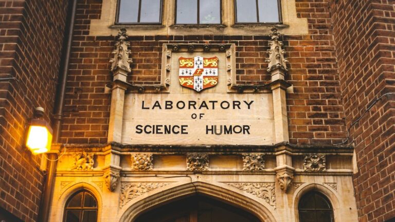 Entrance to the university faculty building with the sign "Laboratory of Science humour".