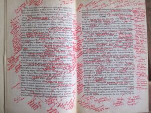 Heavily annotated pages of dense text highlight that work is required to interpret complex ideas. 